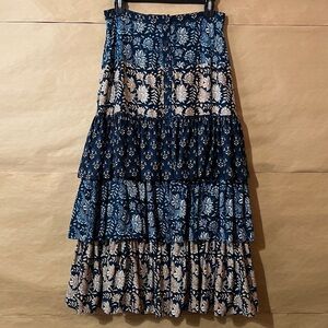 Figue | Antoinette Midi Skirt Silk Mixed Print Batik Tiered Button Front Size 6